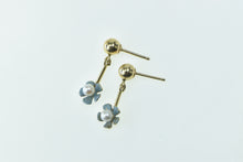 Load image into Gallery viewer, 14K Forget Me Not Enamel Flower Pearl Dangle Earrings Yellow Gold