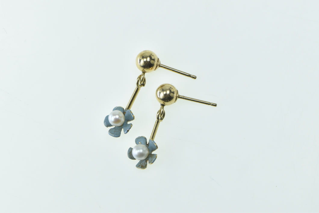 14K Forget Me Not Enamel Flower Pearl Dangle Earrings Yellow Gold