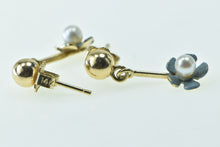 Load image into Gallery viewer, 14K Forget Me Not Enamel Flower Pearl Dangle Earrings Yellow Gold