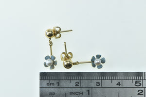 14K Forget Me Not Enamel Flower Pearl Dangle Earrings Yellow Gold