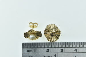 14K Vintage Pearl Pleated Burst Rosette Stud Earrings Yellow Gold