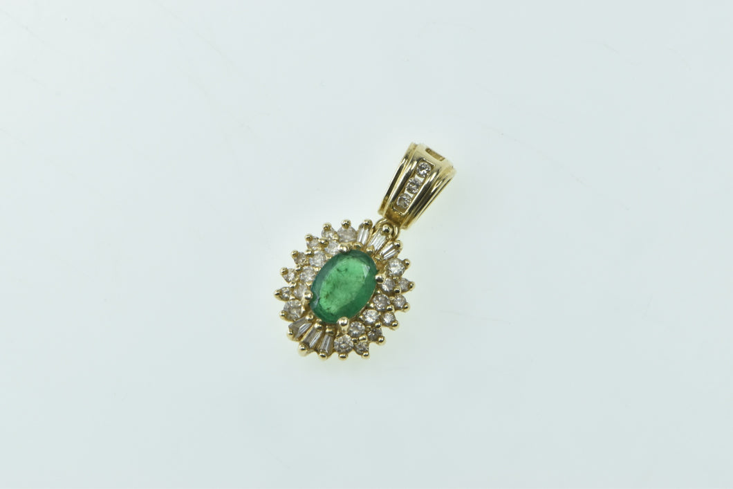 14K Oval Natural Emerald Vintage Diamond Halo Pendant Yellow Gold