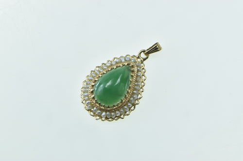 14K Pear Green Agate Seed Pearl Trim Statement Pendant Yellow Gold