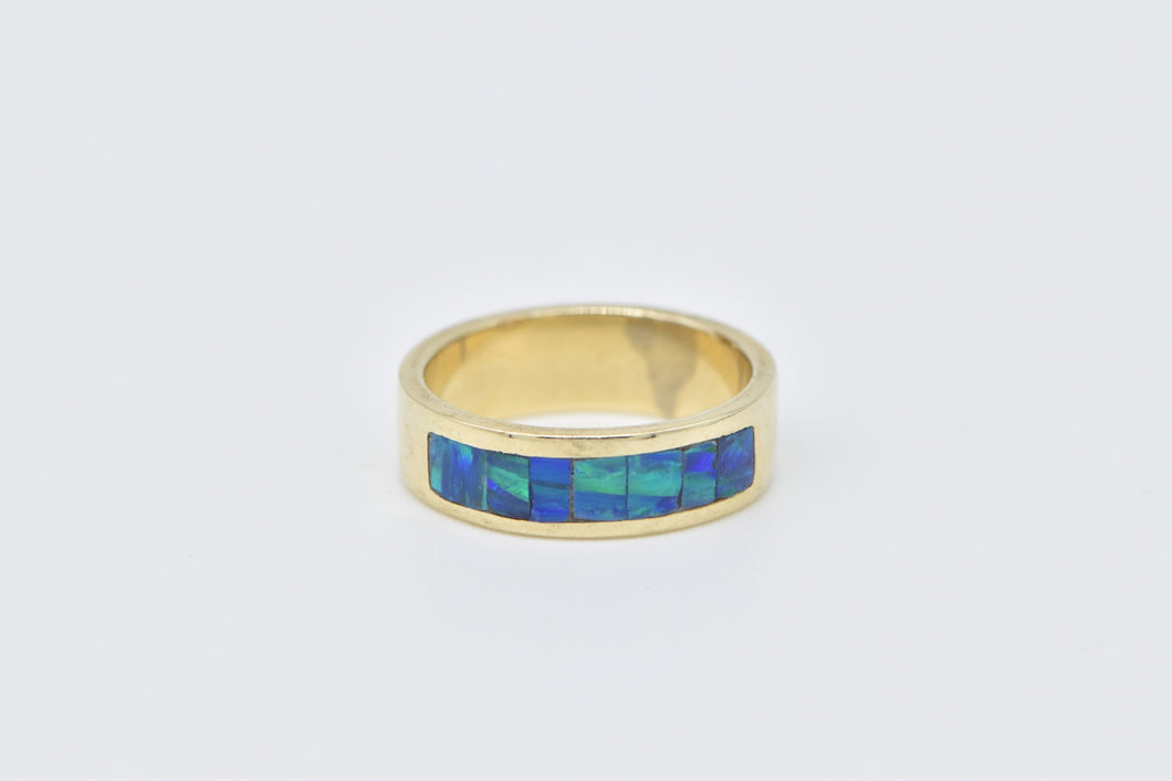 14K Black Opal Inlay Vintage Statement Band Ring Yellow Gold