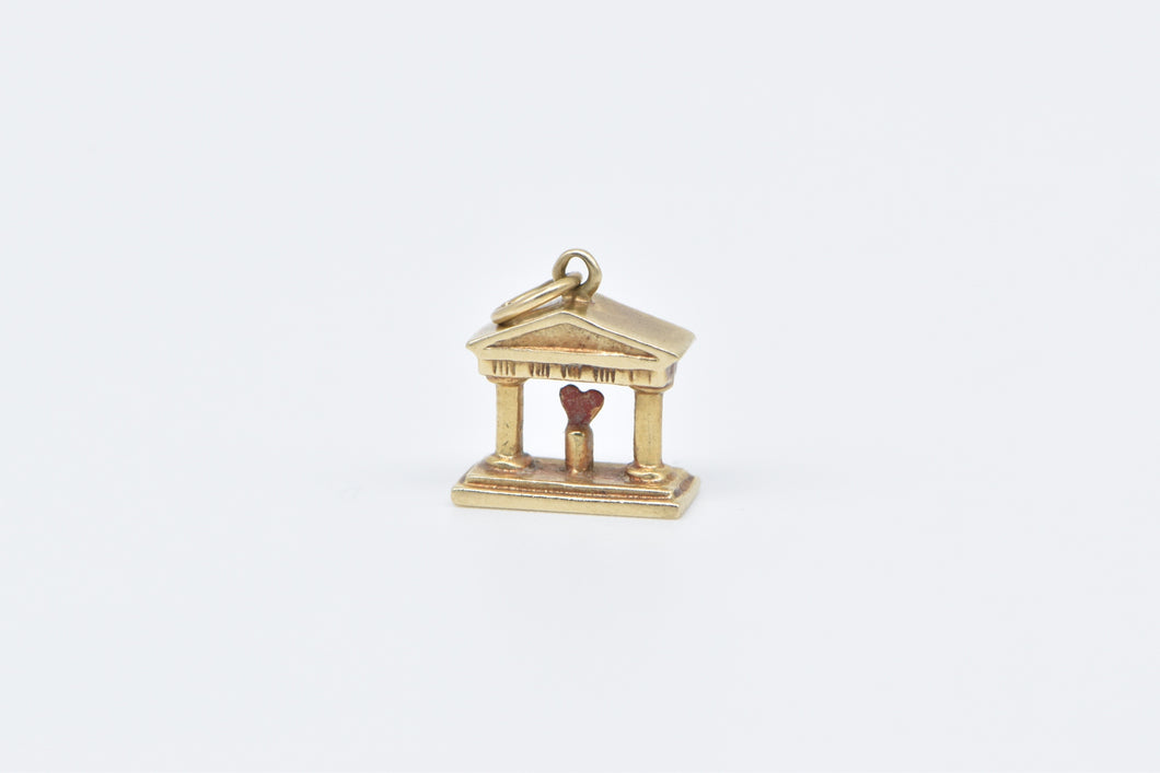 14K Enamel Heart Classical Pillar Framed Love Charm/Pendant Yellow Gold