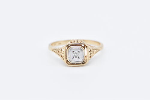 10K Art Deco Diamond Filigree Promise Ring Yellow Gold