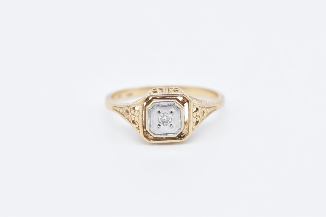 10K Art Deco Diamond Filigree Promise Ring Yellow Gold