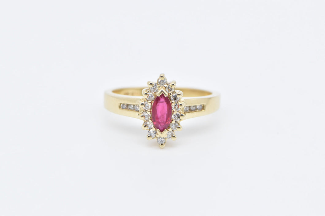 14K Marquise Ruby Diamond Halo Engagement Ring Yellow Gold