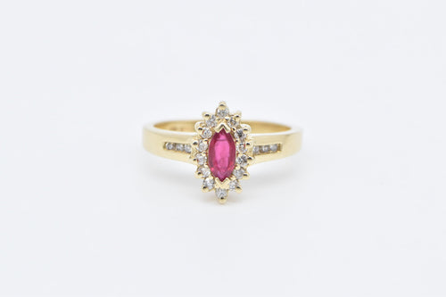 14K Marquise Ruby Diamond Halo Engagement Ring Yellow Gold