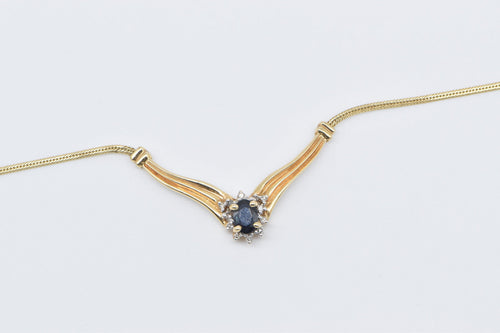 14K Sapphire Diamond Halo Chevron Herringbone Necklace 16