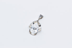 Sterling Silver Pear Solitaire Scalloped Vintage Statement CZ Pendant