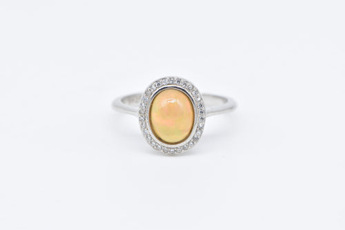 Sterling Silver Opal Cabochon Diamond Halo Statement Ring