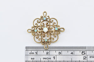 14K Victorian Opal Ornate Scroll Filigree Statement Pendant/Pin Yellow Gold