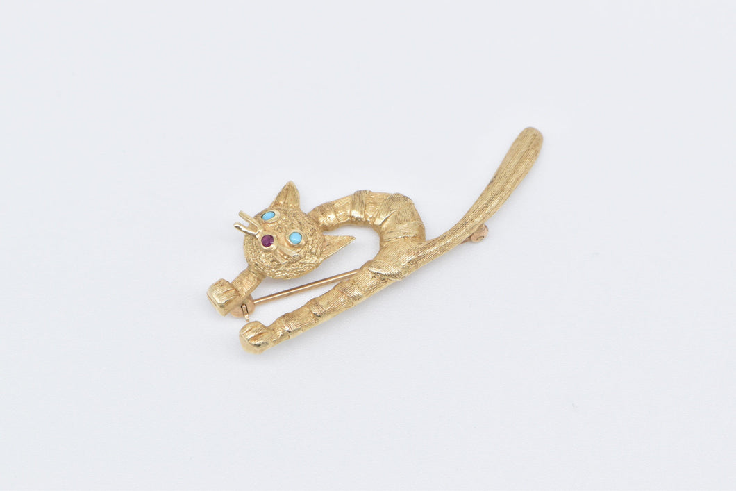 14K 1960's Ornate Turquoise Ruby Arched Cat Pin/Brooch Yellow Gold