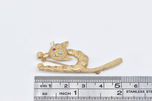 14K 1960's Ornate Turquoise Ruby Arched Cat Pin/Brooch Yellow Gold