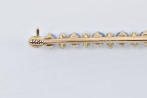 14K Victorian Seed Pearl Ornate Syn. Sapphire Bar Pin/Brooch Yellow Gold