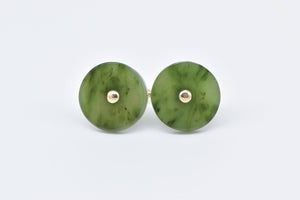 14K Nephrite Vintage Round Button Carved Stone Cuff Links Yellow Gold