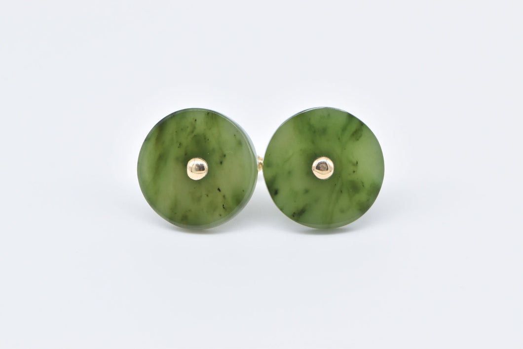 14K Nephrite Vintage Round Button Carved Stone Cuff Links Yellow Gold