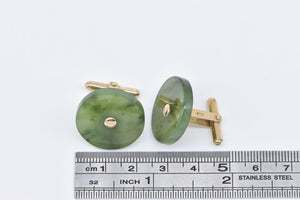 14K Nephrite Vintage Round Button Carved Stone Cuff Links Yellow Gold