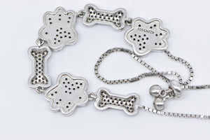 Sterling Silver White & Black Diamond Dog Bone Paw Print Bracelet 5-8.75"