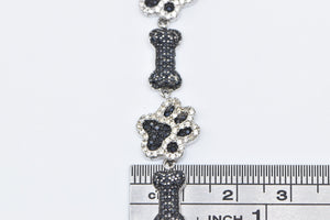 Sterling Silver White & Black Diamond Dog Bone Paw Print Bracelet 5-8.75"