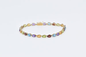 14K Pear Rainbow Gemstone Vintage Tennis Bracelet 7.25" Yellow Gold