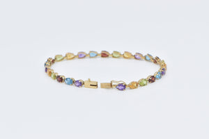 14K Pear Rainbow Gemstone Vintage Tennis Bracelet 7.25" Yellow Gold