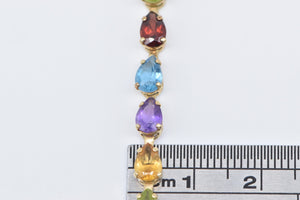 14K Pear Rainbow Gemstone Vintage Tennis Bracelet 7.25" Yellow Gold