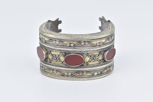 Coin Silver Ornate Carnelian Inlay Scroll Pattern Cuff Bracelet 6.5"