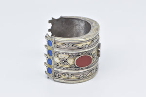 Coin Silver Ornate Carnelian Inlay Scroll Pattern Cuff Bracelet 6.5"