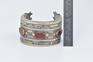 Coin Silver Ornate Carnelian Inlay Scroll Pattern Cuff Bracelet 6.5"