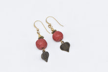 Load image into Gallery viewer, Base Metal Gold Plated Carnelian Flower Chinese Heart Dangle Earrings