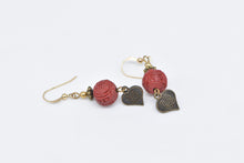 Load image into Gallery viewer, Base Metal Gold Plated Carnelian Flower Chinese Heart Dangle Earrings