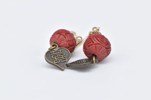 Base Metal Gold Plated Carnelian Flower Chinese Heart Dangle Earrings