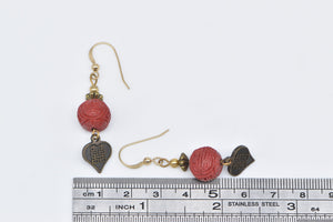 Base Metal Gold Plated Carnelian Flower Chinese Heart Dangle Earrings