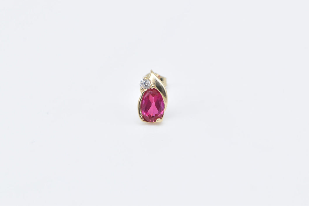 10K Oval Syn. Ruby Diamond Accent Single Stud Earring Yellow Gold