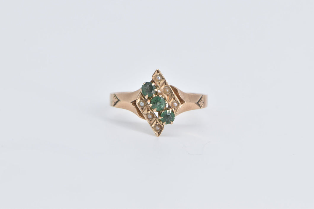 10K Victorian Syn. Emerald Seed Pearl Ornate Ring Yellow Gold