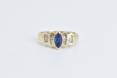 10K Marquise Syn. Sapphire Baguette Diamond Ring Yellow Gold