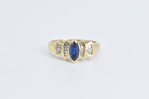 10K Marquise Syn. Sapphire Baguette Diamond Ring Yellow Gold