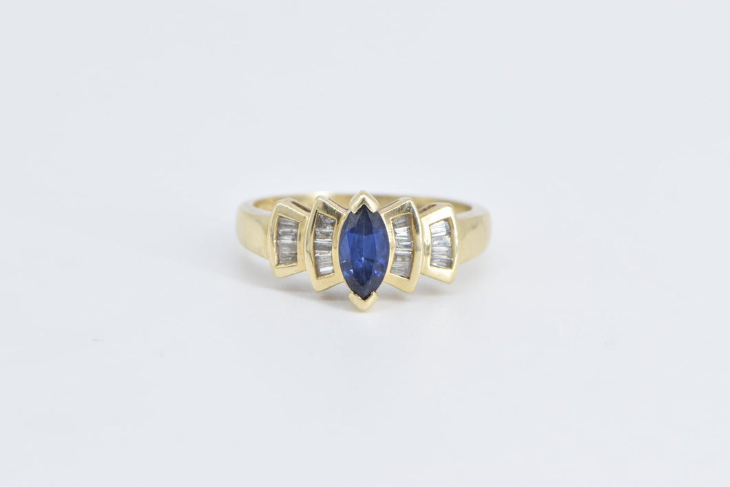 10K Marquise Syn. Sapphire Baguette Diamond Ring Yellow Gold