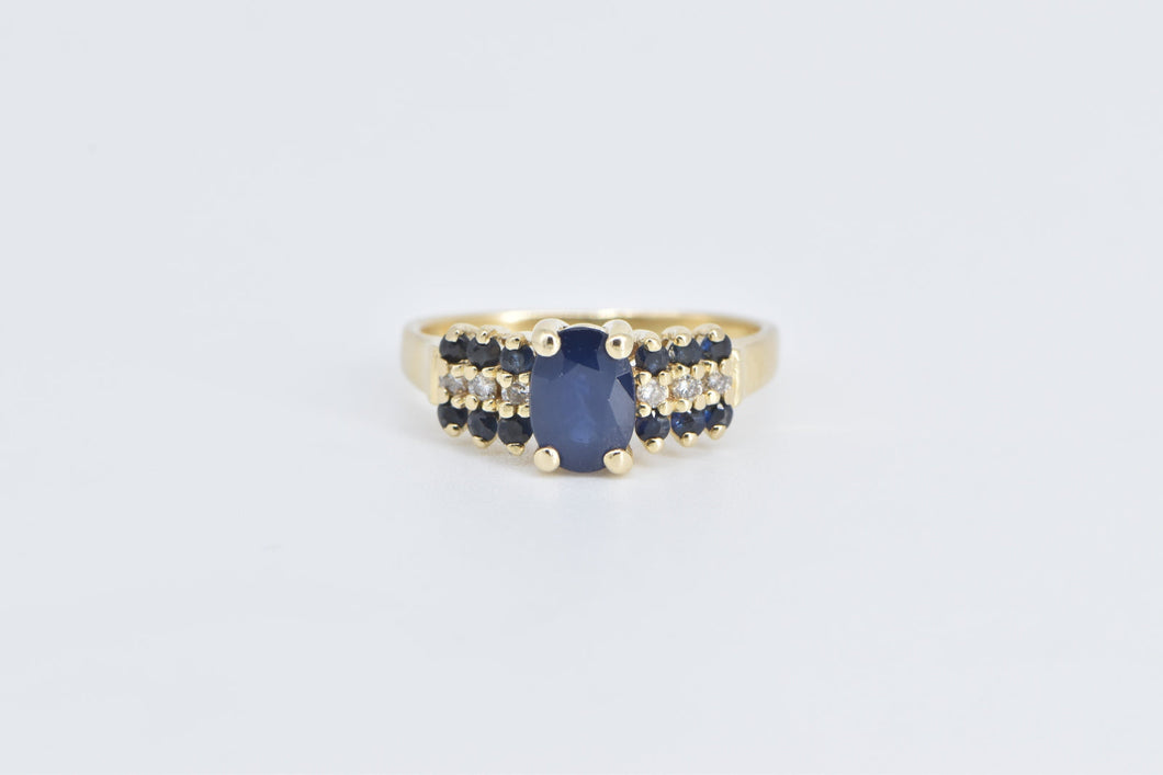 14K Oval Sapphire Diamond Vintage Statement Ring Yellow Gold