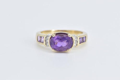 14K Oval Amethyst Diamond Accent Vintage Statement Ring Yellow Gold