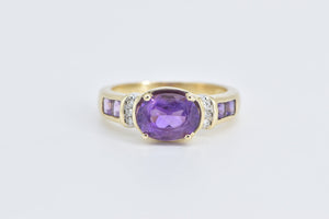 14K Oval Amethyst Diamond Accent Vintage Statement Ring Yellow Gold