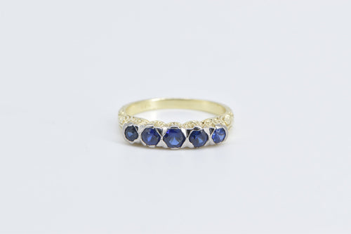 14K Art Deco Ornate Five Stone Sapphire Band Ring Yellow Gold