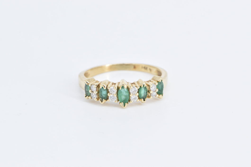 14K Marquise Emerald Diamond Vintage Band Ring Yellow Gold