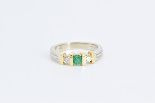 14K Round Emerald Diamond Accent Vintage Ring White Gold