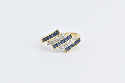 18K Princess Sapphire Diamond Vintage Slanted Ring Yellow Gold