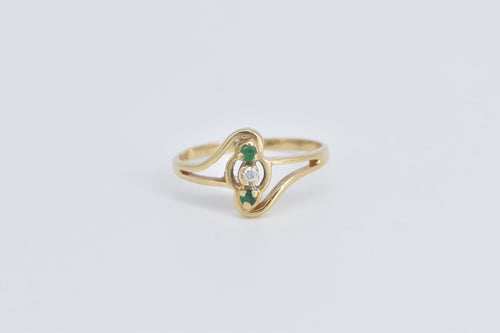 14K Diamond Emerald Accent Vintage Freeform Ring Yellow Gold