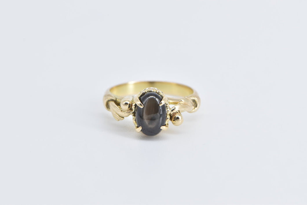 18K Oval Black Star Sapphire Vintage Swirl Ring Yellow Gold