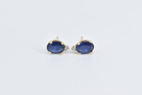 14K Oval Sapphire Diamond Accent Vintage Stud Earrings Yellow Gold